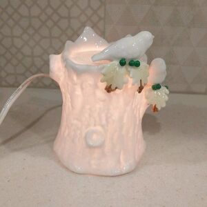 Vintage Ceramic Night Light Accent Lamp Tree Stump Birds Leaves Soft Glow 1950s